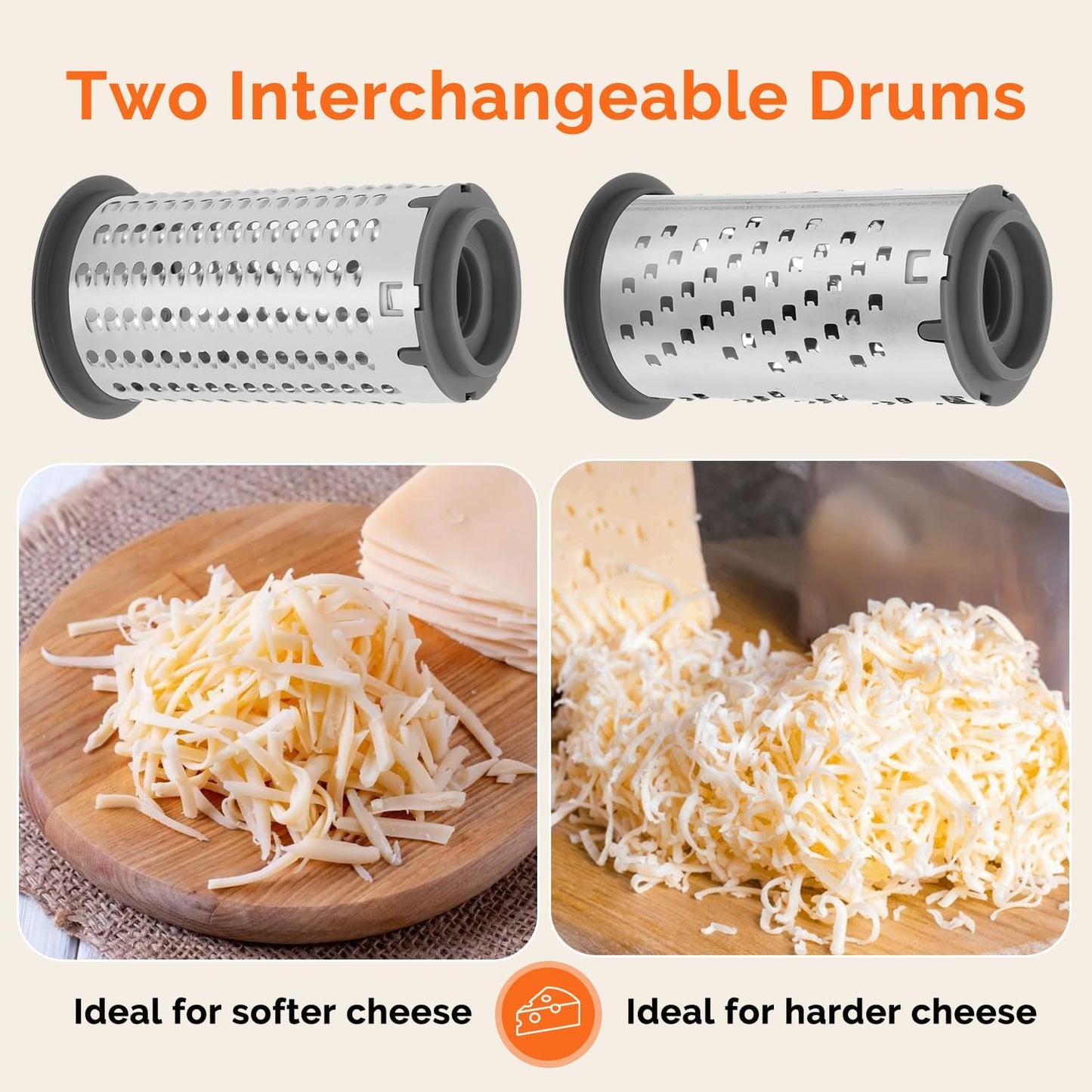 UHIYEE Patented Rotary Parmesan Cheese Grater, Hand Crank Cheese Shredder with Fine & Coarse Drums, Restaurant Quality, White, Stainless Steel & ABS, Dishwasher Safe