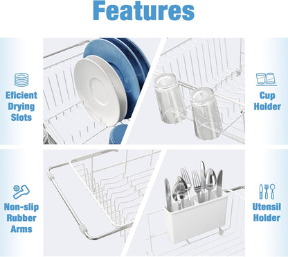 JASIWAY Roll Up Dish Drying Rack, Expandable (12.8"-23.8" D x 12.8" W) Stainless Steel Portable Drainer for Kitchen Sink Counter, Foldable Over The Sink Cover with Removable Utensil Holder