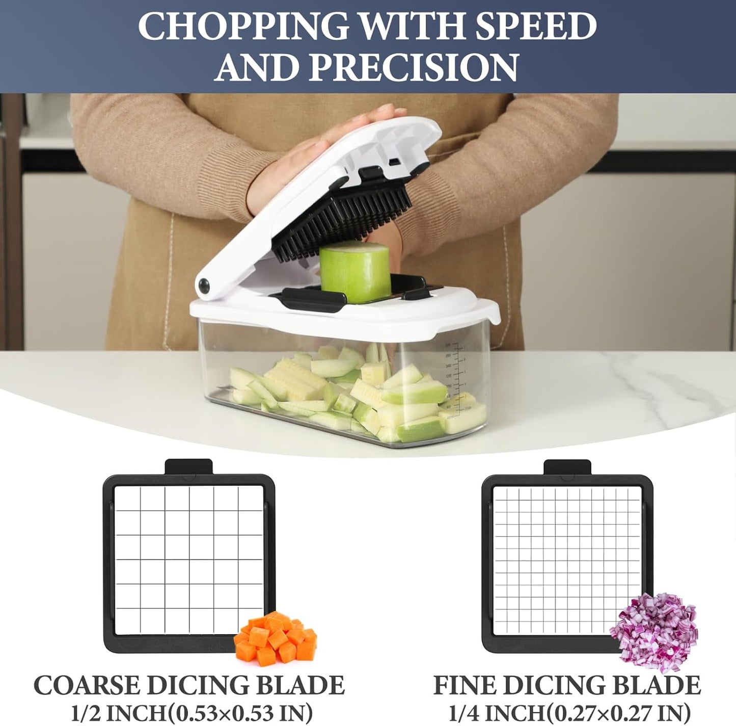 Ourokhome Veggie Chopper and Dicer with Container, Manual Hand Food Mandolin Slicer with 4 in 1 Handheld Vegetable Spiralizer for Zucchini, Potato, Onion, Essential Kitchen Gadgets (12 in 1, Gray)