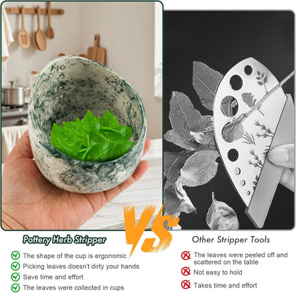 Ceramic Herb Stripper Bowl with Multi-Size Holes, Pottery Leaf Stripper Tool for Rosemary, Thyme and Kale, Green Decorative Kitchen Gadget, 5.2 Inch