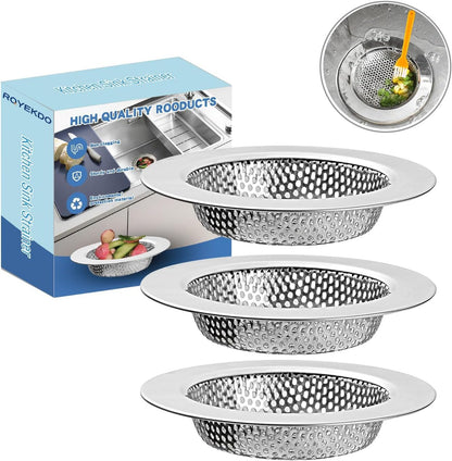 RQYEKDO Kitchen Sink Strainer Stainless Steel with Coarse Mesh4.4 Wide Rim Drain Strainer |Fits Standard Sinks & GarbageDisposals(Silver)(2pcCoarse & Fine Mesh)