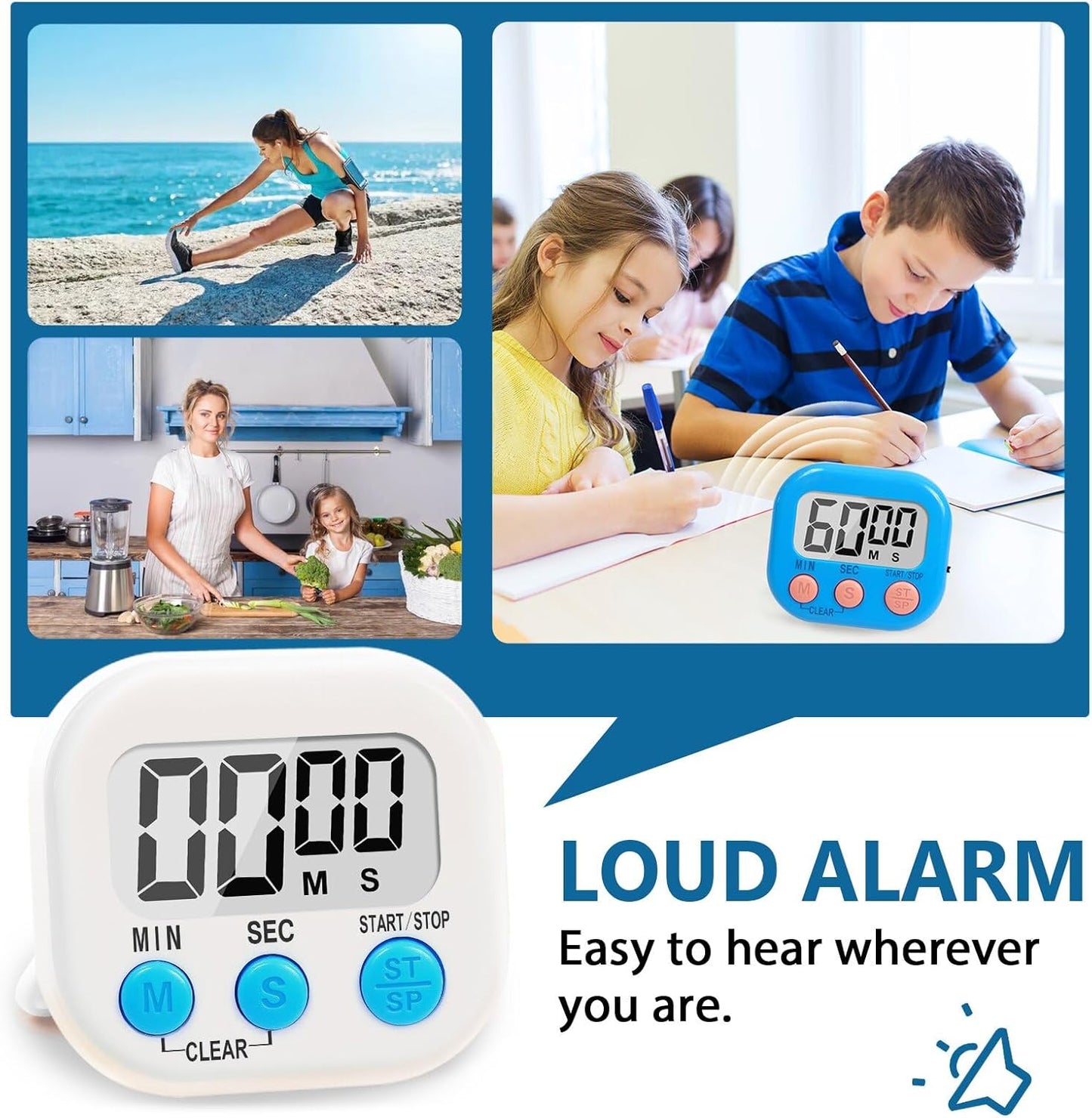 12 Pack Digital Kitchen Timers for Cooking, Loud Alarm Large LCD Display Magnetic Classroom Timers for Teachers Kids, Extensively Use in Classroom, Cooking, Meeting, Gym