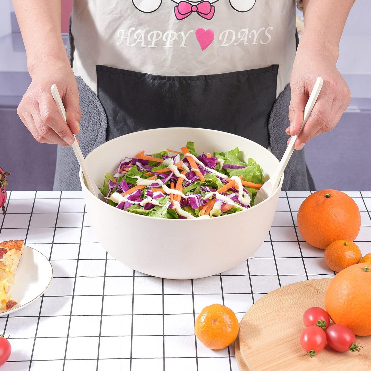 LOVYANXUE Bamboo Fiber Salad Bowl with Servers Set Large 9.8inches Nature Bamboo Mixing Bowl with Servers with Lid Spoon and Fork for Fruits,Salads and Vegetables