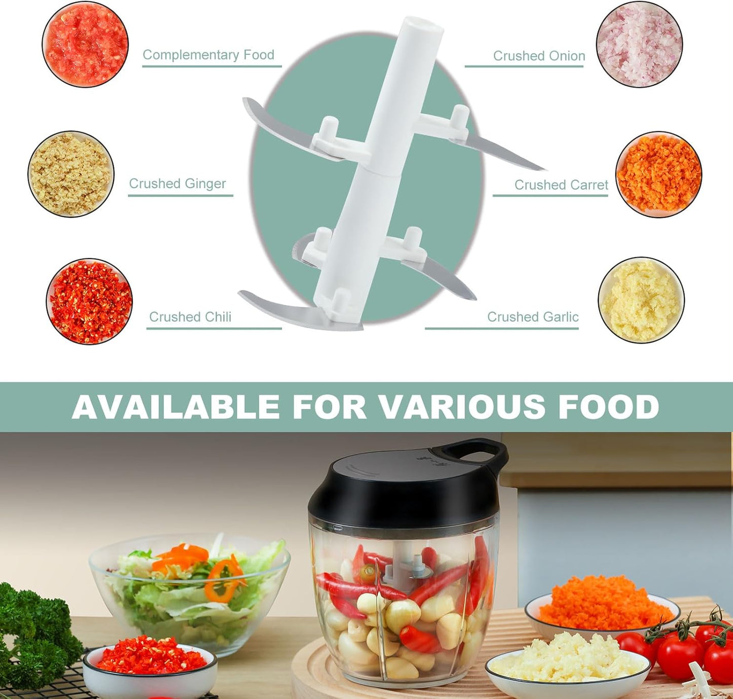 Manual Vegetable Chopper Hand String Garlic Mincer Onion Cutter Manual Food Processor for Ginger, Chili, Fruit, Meat, Nuts Food Chopper 550ml