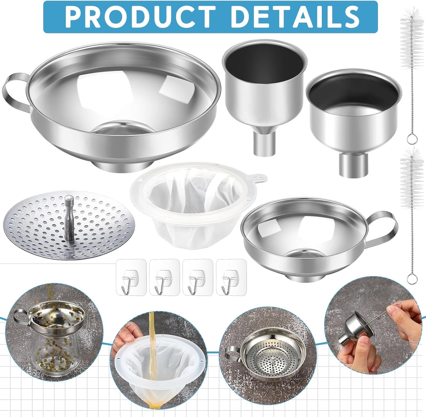 Gejoy 12 Pcs Metal Canning Funnels Set Wide Mouth Mason Jar Funnels for Filling Stainless Steel Kitchen Filter with Strainer Mesh Filter Brushes and Adhesive Hooks, Silver