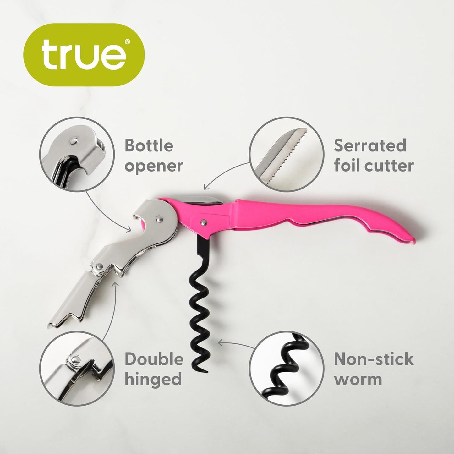 True Truetap Double Hinged Waiter's Corkscrew Wine Opener, Stainless Steel Wine Bottle Opener with Built In Foil Cutter, Home Bar Tools, Bar Cart Accessories, Wedding Gifts, Set of 1, Black