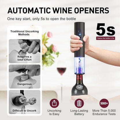 Electric Wine Opener, Rechargeable Cordless Wine Accessories, Stainless Steel Cordless Automatic Wine Bottle Corkscrew with Vacuum Stoppers, Foil Cutter for Home Party Wedding, Bars(Black)