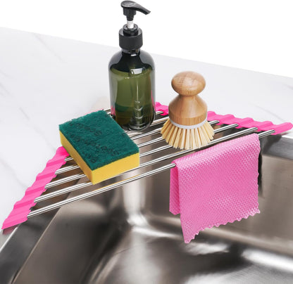 Tomorotec Triangle Foldable Dish Drying Rack, Small Roll-Up Stainless Steel Over Sink Drainer for Kitchen Sink Corner, Rustproof Multipurpose Organizer(Pink)