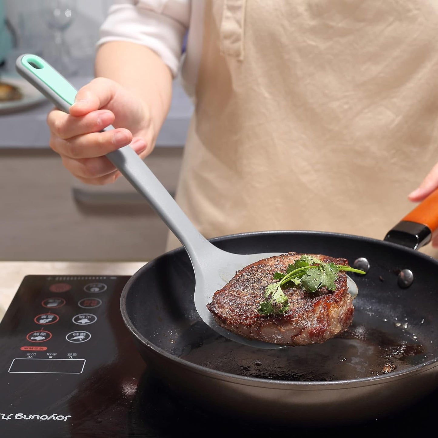 To encounter 5 Pieces Silicone Spatula Set, Non-Stick Silicone Turner Spatulas, Heat Resistance Cooking Utensils, Flip Turner for Fish, Egg, Pancake,Dishwasher Safe, Light Grey