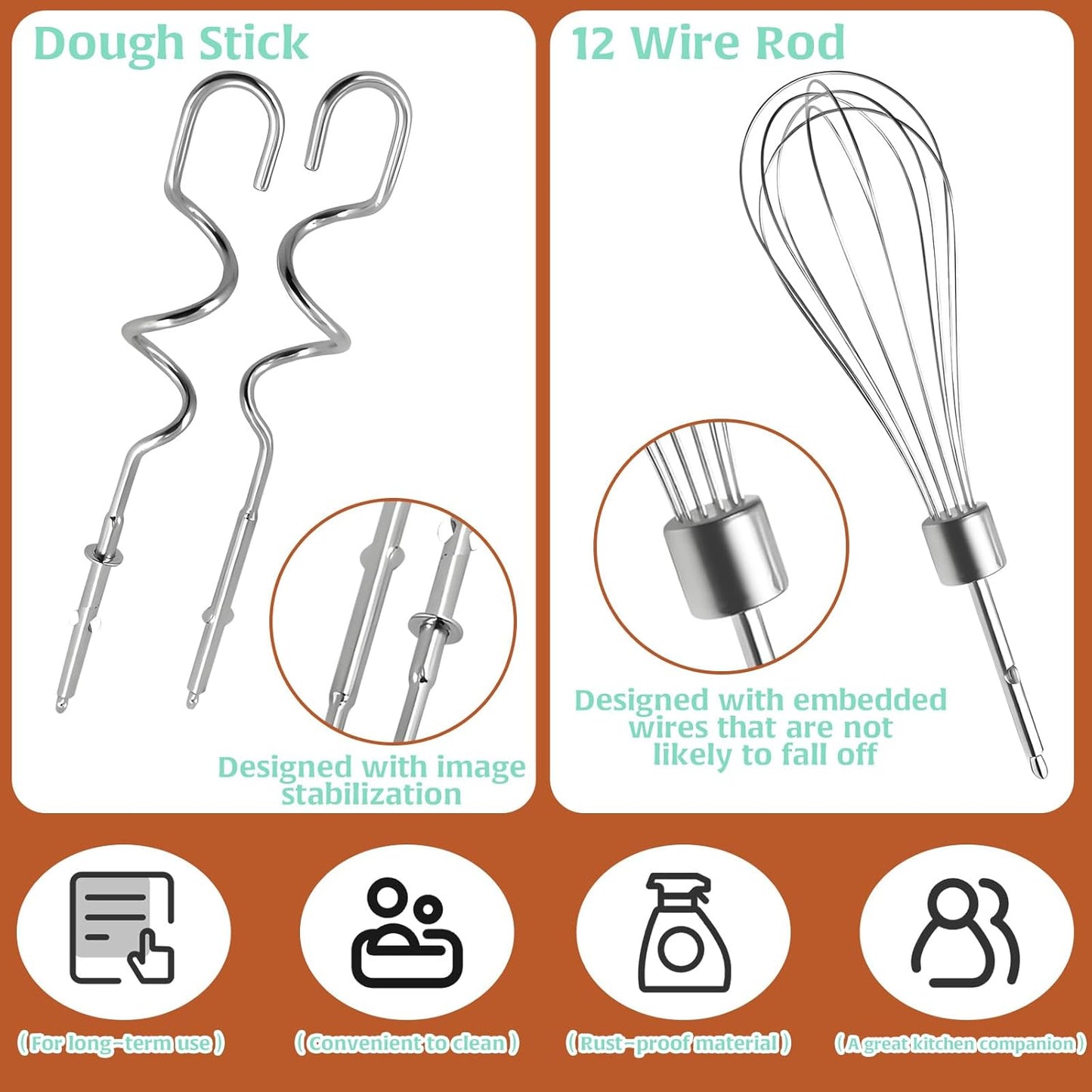 3Pcs Hand Mixer Beaters Dough Hook for Kitchen Aid, Stainless Steel Dough Hook for Kitchenaid Egg Beater Whisk Attachment for Kitchen Aide, Hand Mixer Attachment Restaurant Kitchen Accessories