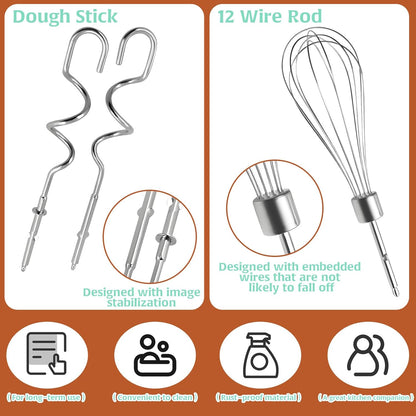 3Pcs Hand Mixer Beaters Dough Hook for Kitchen Aid, Stainless Steel Dough Hook for Kitchenaid Egg Beater Whisk Attachment for Kitchen Aide, Hand Mixer Attachment Restaurant Kitchen Accessories