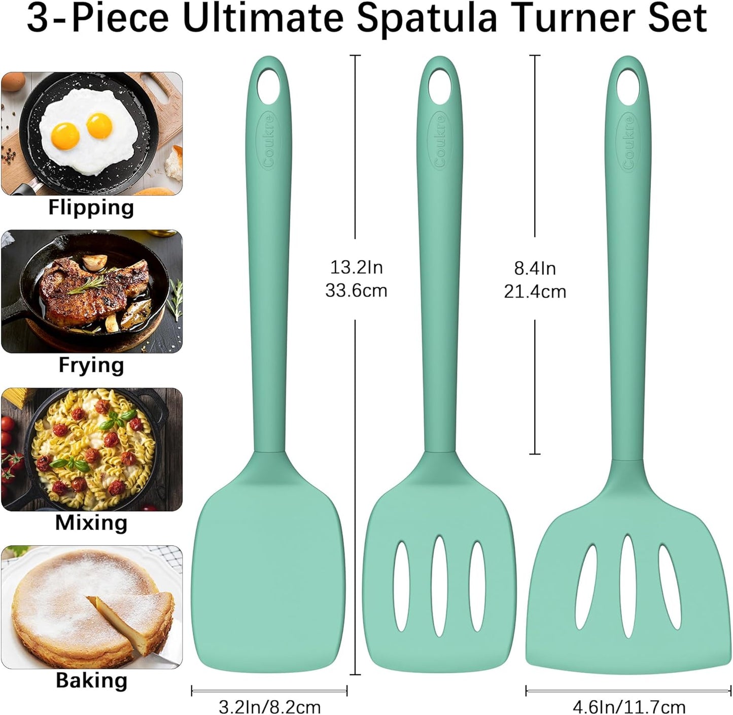 Coukre 3 Pack Silicone Spatula Set, High Heat Resistant, BPA-Free, Fish Spatula, Solid & Slotted Turner for Non-Stick Pans, Flipping Eggs, Pancakes, Fish, Burgers (3, PureBlack)