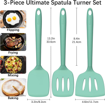 Coukre 3 Pack Silicone Spatula Set, High Heat Resistant, BPA-Free, Fish Spatula, Solid & Slotted Turner for Non-Stick Pans, Flipping Eggs, Pancakes, Fish, Burgers (3, PureBlack)