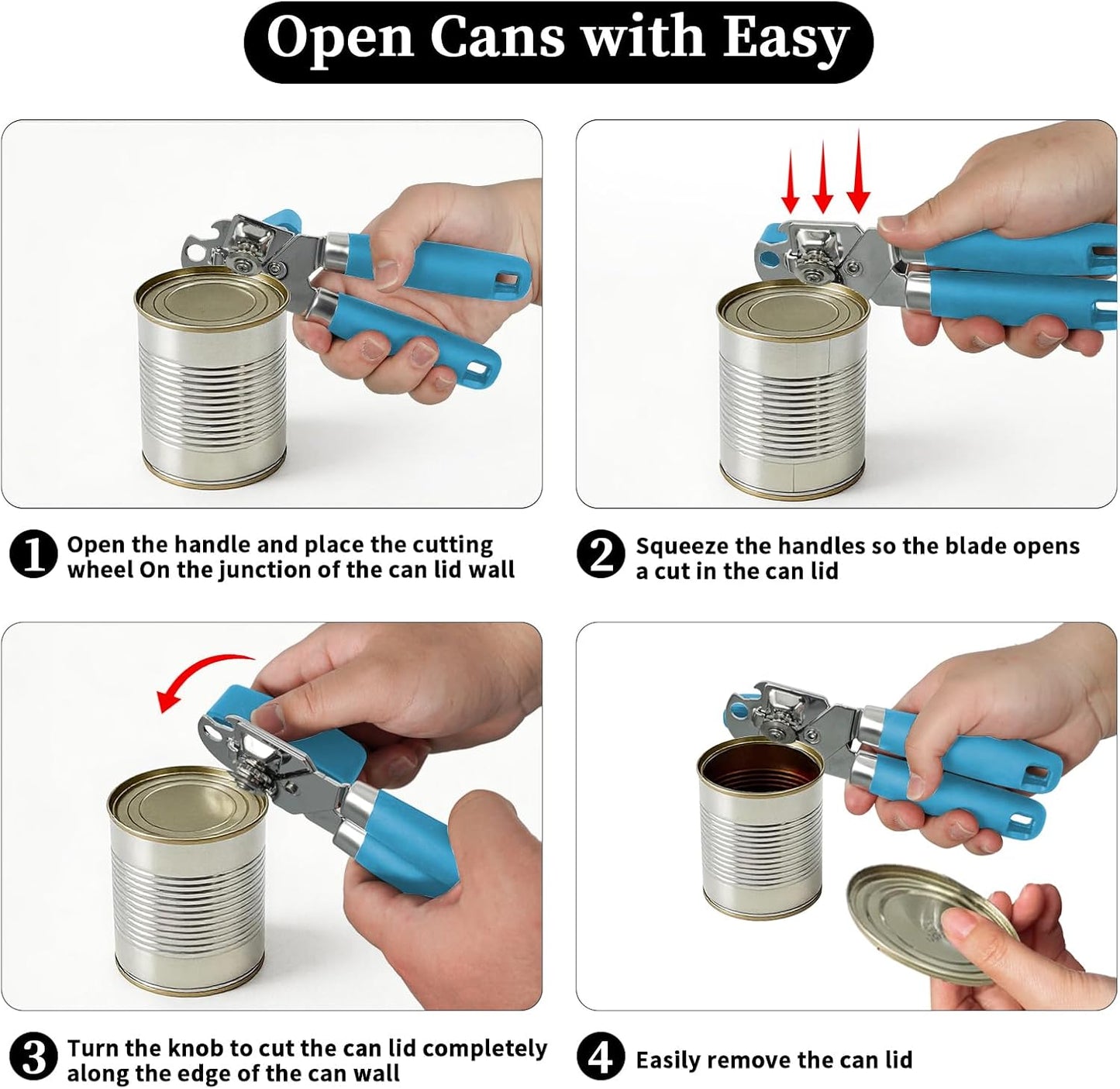 Can Opener Manual, Hand Heavy Duty Stainless Steel Bottle Opener Comfortable Handle, Sharp Blade Smooth Edge, Multifunctional Kitchen Tool, Black