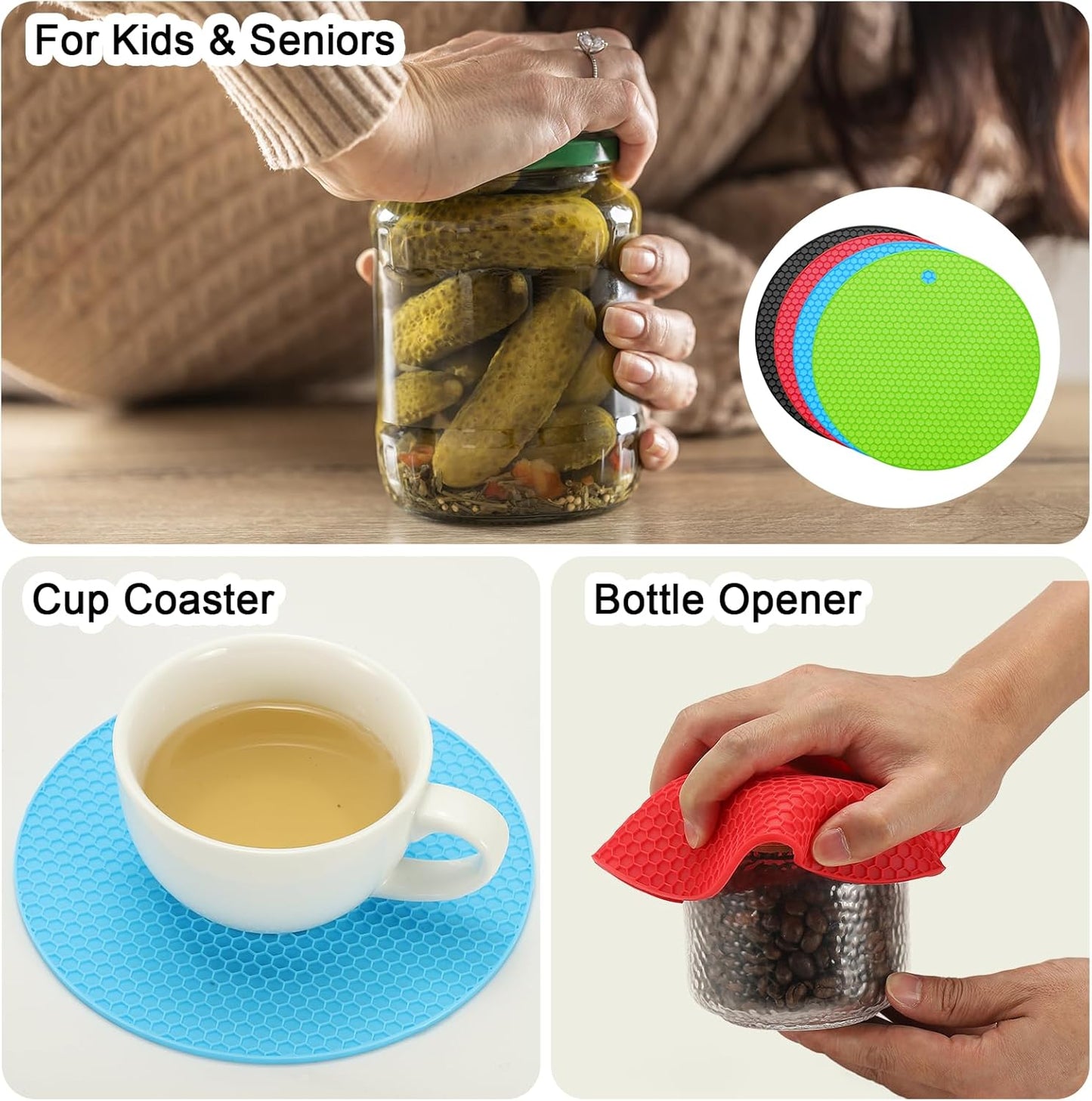 uxcell 4pcs Silicone Jar Opener Pads, 17.5cm/7" Texture Can Opener Multipurpose Round Bottle Lid Opener Non-Slip Coasters for Weak Hands Seniors Children, Black