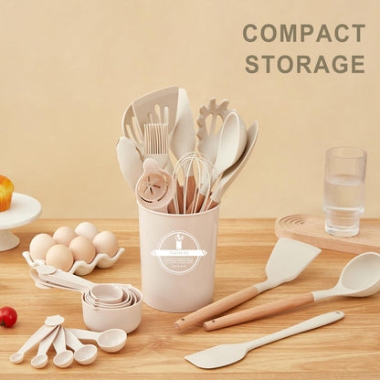 Kitchen Utensils Set - 34 PCS Non-Stick Silicone Cooking Utensils Set Spatula Set with Holder, Wooden Handle Spoon,Brush,Whisk Kitchen Gadgets Tools Set for Nonstick Cookware (Cream White-34P)