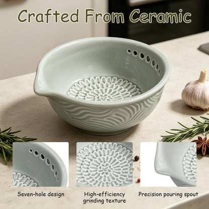 Grater Plate, 3 in 1 Ceramic Ginger Grater Bowl with Herb Stripper – Handmade Multi-Functional Kitchen Tool for Garlic, Ginger, Chocolate, Herbs, and Spices (Grey)