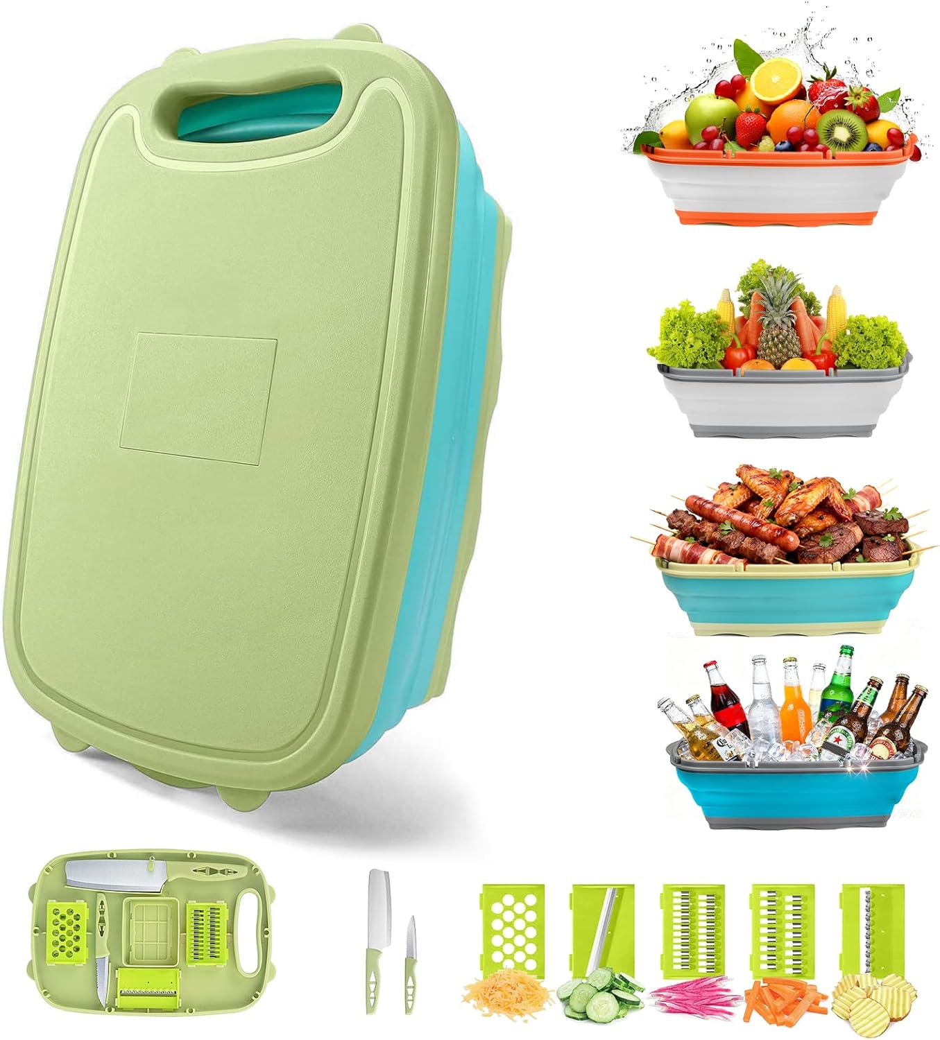 Gintan Camping Cutting Board, 9-in-1 Collapsible Chopping Board with Colander, Kitchen Vegetable Washing Basket for Camping, Camping Gifts Camping Accessories for RV Campers (Gray)
