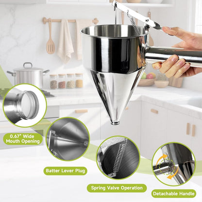 40oz Stainless Steel Pancake Batter Dispenser with Stand, Funnel Cake & Cupcake Batter Dispenser, Multi-Caliber Nozzles for Waffles, Crepes & Icing – Includes 4 Nozzles, Whisk & Brush