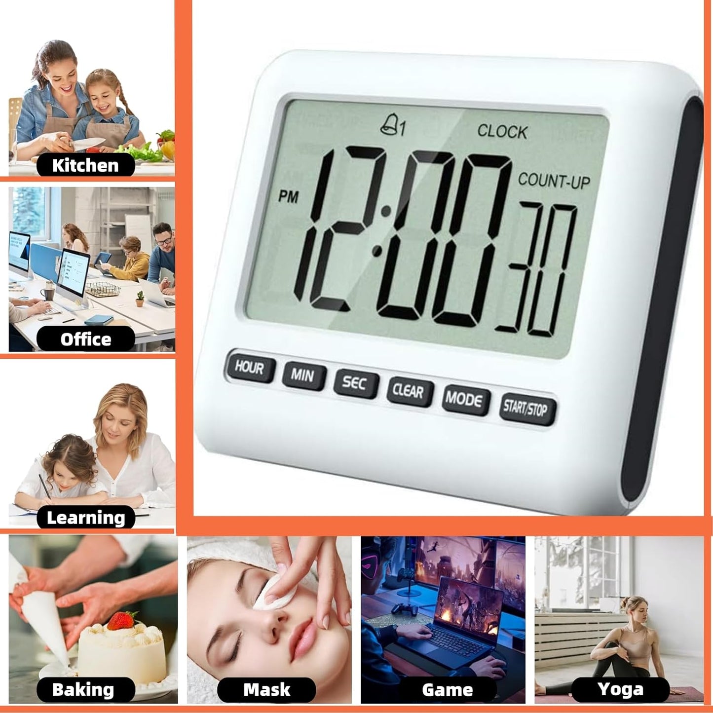 Magnetic Digital Clock for Kitchen - Timer with Alarm, 12/24 Hours, Big Screen, Loud Alarm & Strong Magnet - Count-Up & Count Down for Baking, Sports, Office, Study - Black