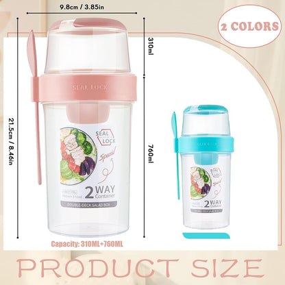 2 Pcs Salad Shaker Cup with Lids and Fork Fresh Salad Shaker Container for Lunch, Portable Breakfast Meal Vegetable and Fruits