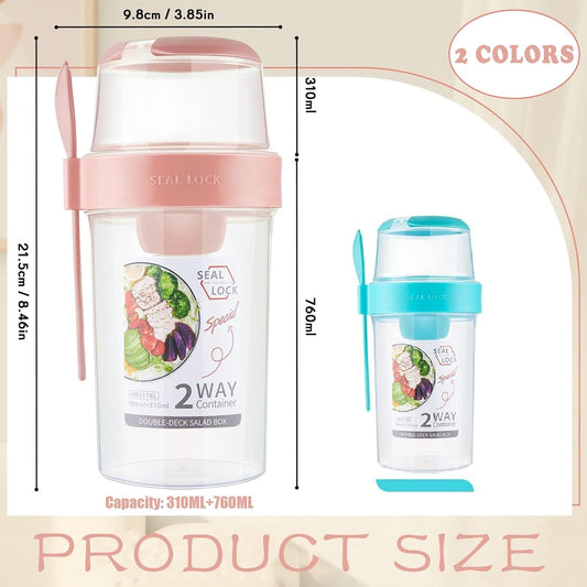 2 Pcs Salad Shaker Cup with Lids and Fork Fresh Salad Shaker Container for Lunch, Portable Breakfast Meal Vegetable and Fruits