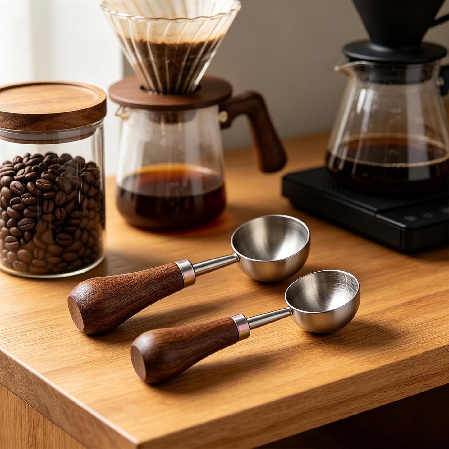 Retro Vintage Stainless Steel Coffee Scoop with Walnut Wood Handle, 10g Espresso Measure, 30ml Water Capacity (1, Gunmetal)