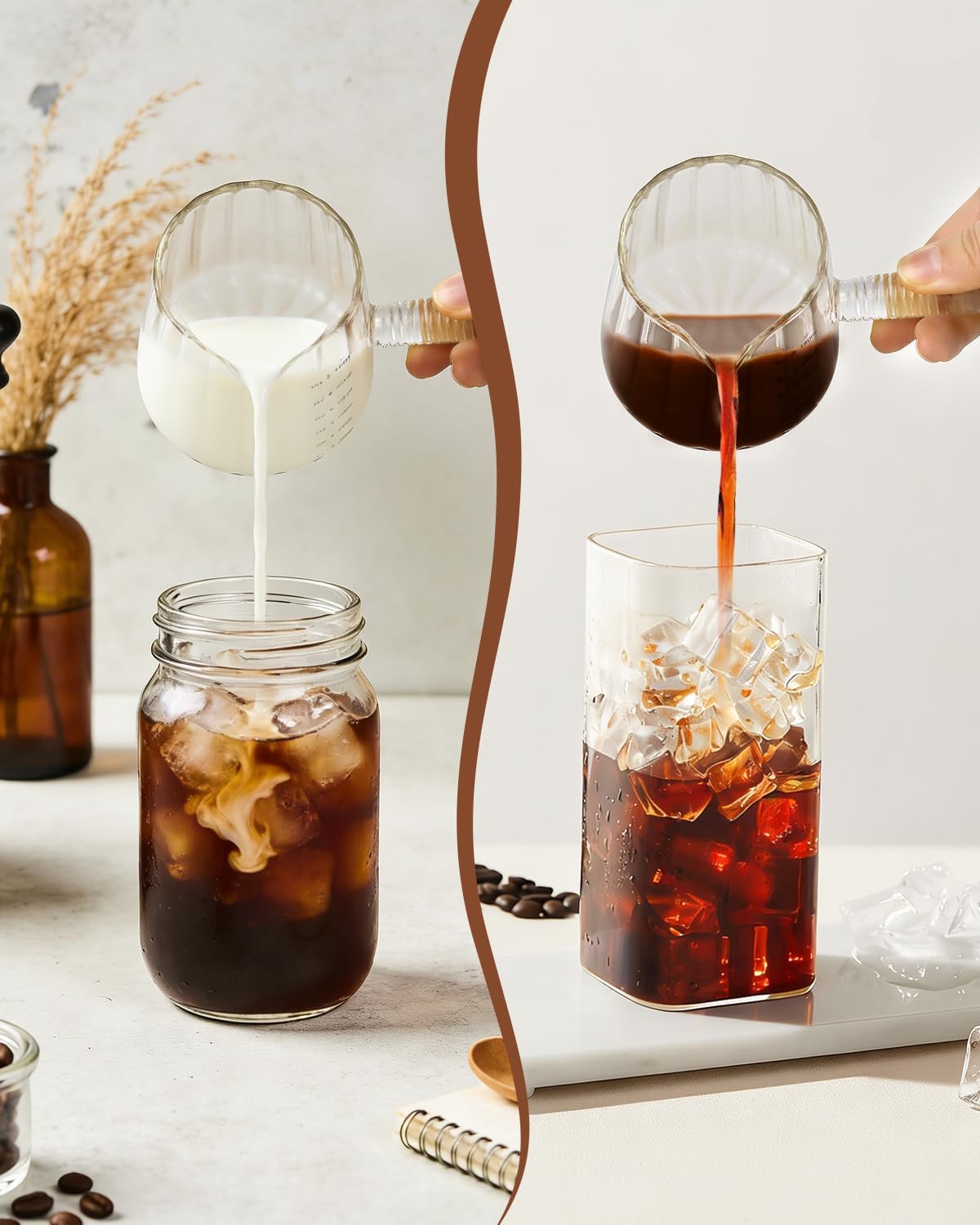 2 PCS Espresso Measuring Cup 6 Oz, Espresso Glass Cups with Wood Handle, Milk Frothing Cup, Espresso Cup for Coffee, Milk, Tea or Maple Syrup Serving