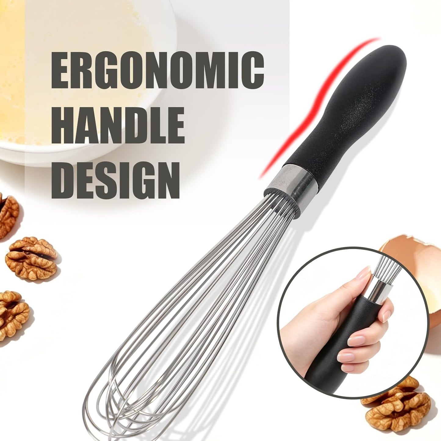 Kamehame French Whisk Set, 9” and 11" Whisk, 304 Stainless Steel Wire Whisk Set for Cooking, Baking