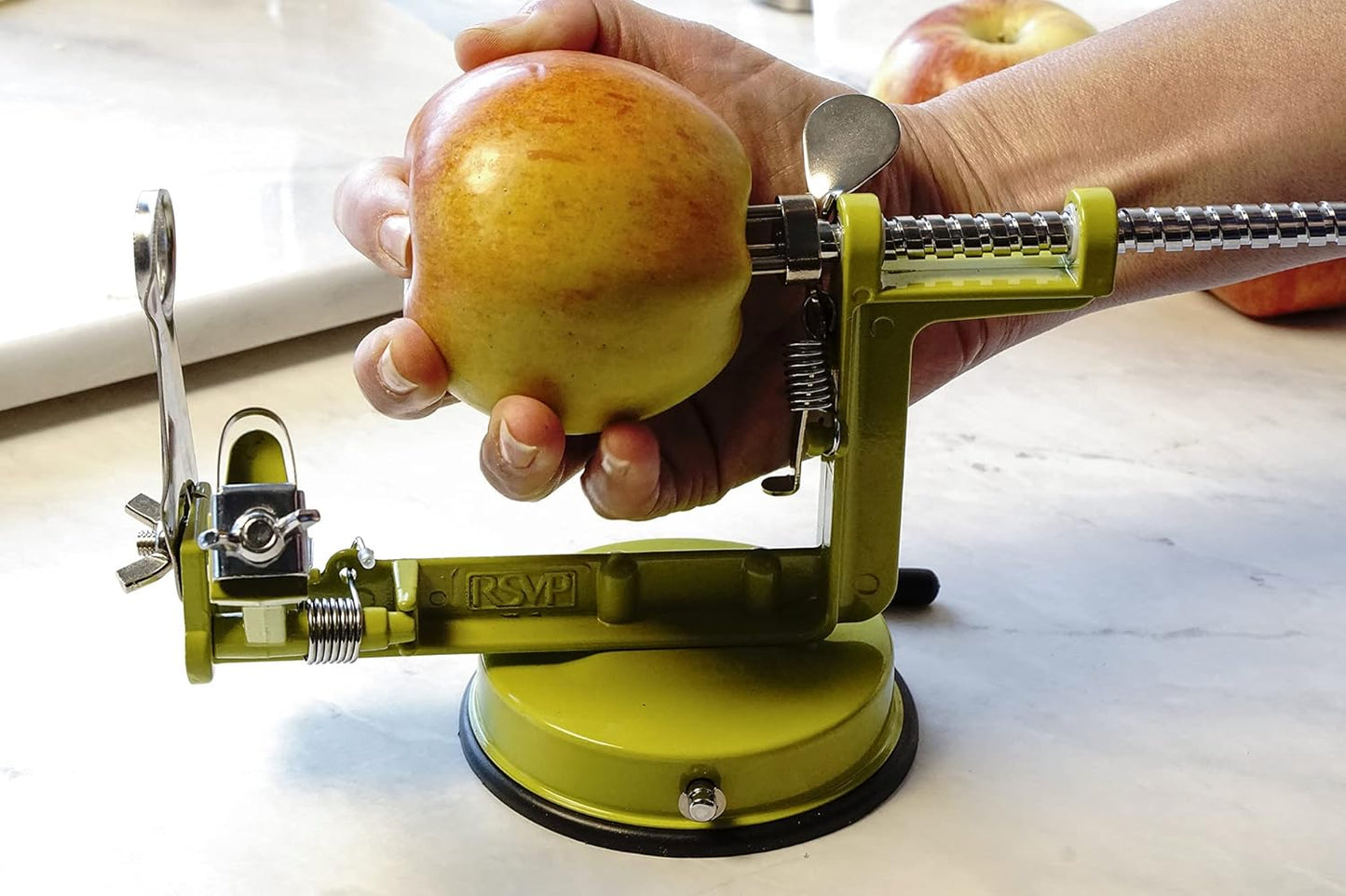RSVP International Green Apple Slicer, Corer, & Peeler | Suctions to Countertop | Cuts Perfect .25" Slices | Durable & Strong