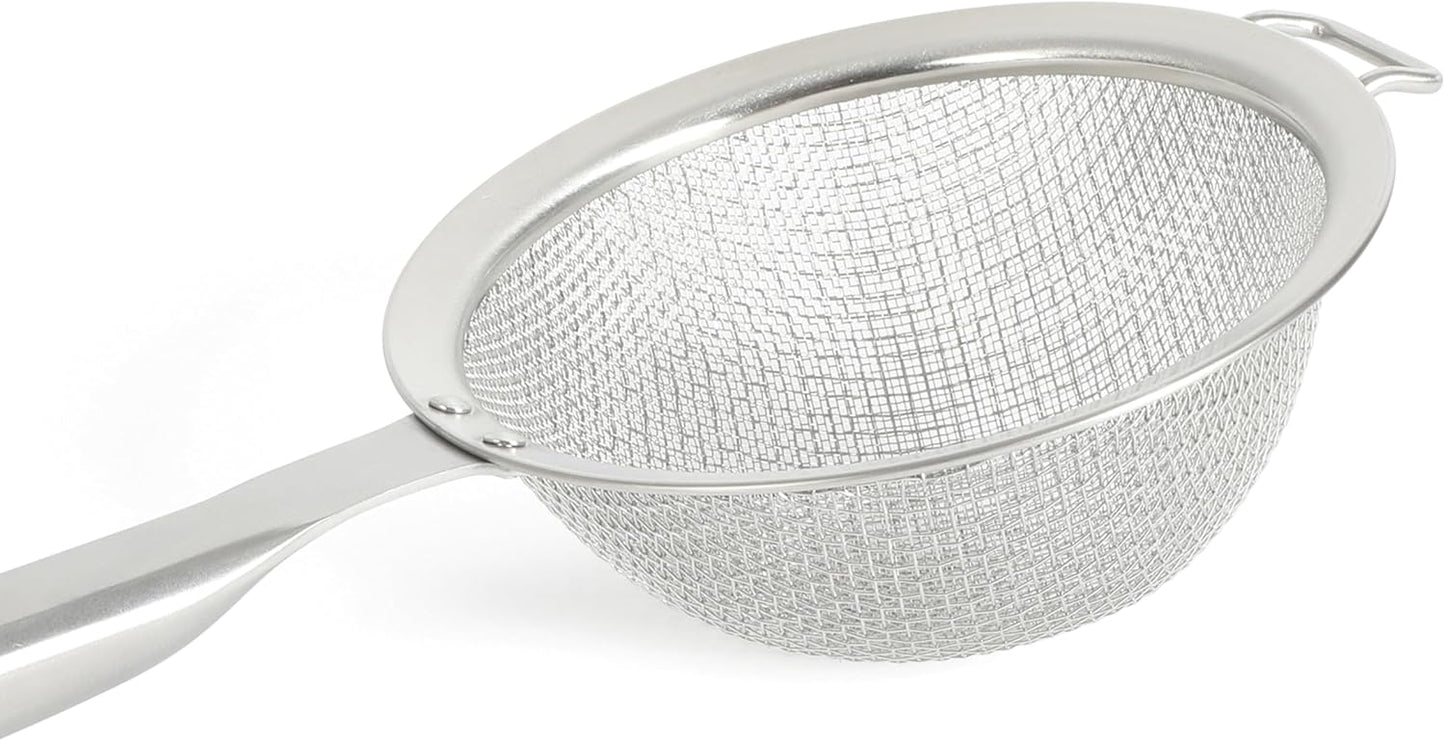 Calphalon Edge Stainless Steel Strainer, Fine Mesh Kitchen Colander Strainer with Thermoplastic Rubber Handle, Sifter for Rinsing, Draining & Straining Food, Navy