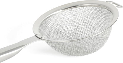 Calphalon Edge Stainless Steel Strainer, Fine Mesh Kitchen Colander Strainer with Thermoplastic Rubber Handle, Sifter for Rinsing, Draining & Straining Food, Navy
