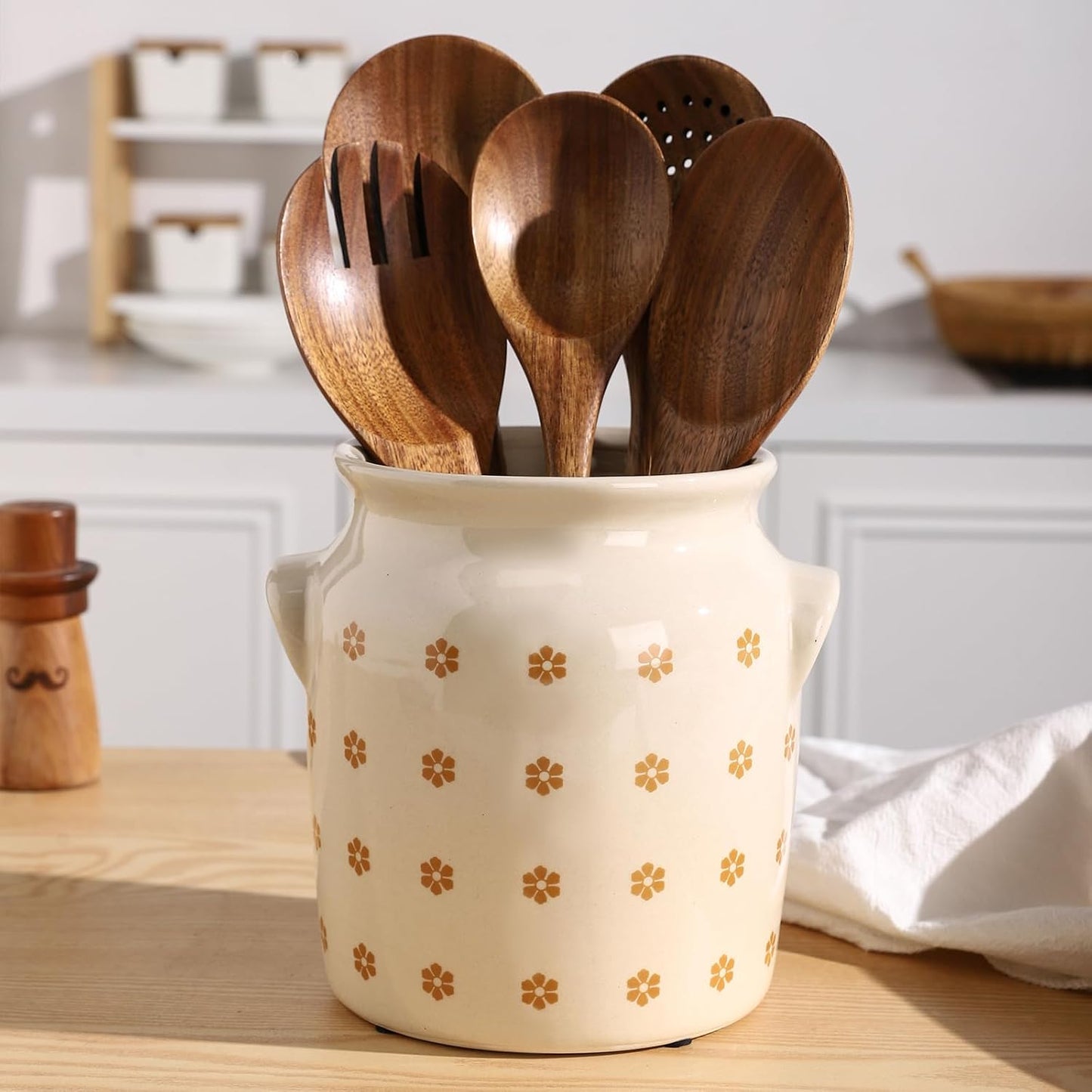 Ceramic Farmhouse Kitchen Utensil Holder for Countertop, Rustic Cooking Utensil Holder Crock Fit for Kitchen Counter. 6*6.8*6.7 IN