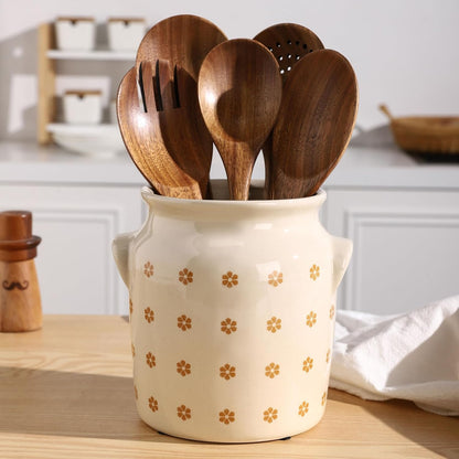 Ceramic Farmhouse Kitchen Utensil Holder for Countertop, Rustic Cooking Utensil Holder Crock Fit for Kitchen Counter. 6*6.8*6.7 IN