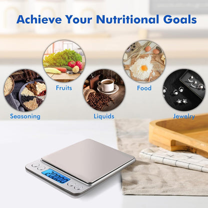 Digital Scale Kitchen 500g 0.01g Food Scale High Precision Kitchen Scale Multifunctional Stainless Steel Pocket Scale with Back-Lit LCD Display Tare PCS Features, 9 Weighing Units Switch