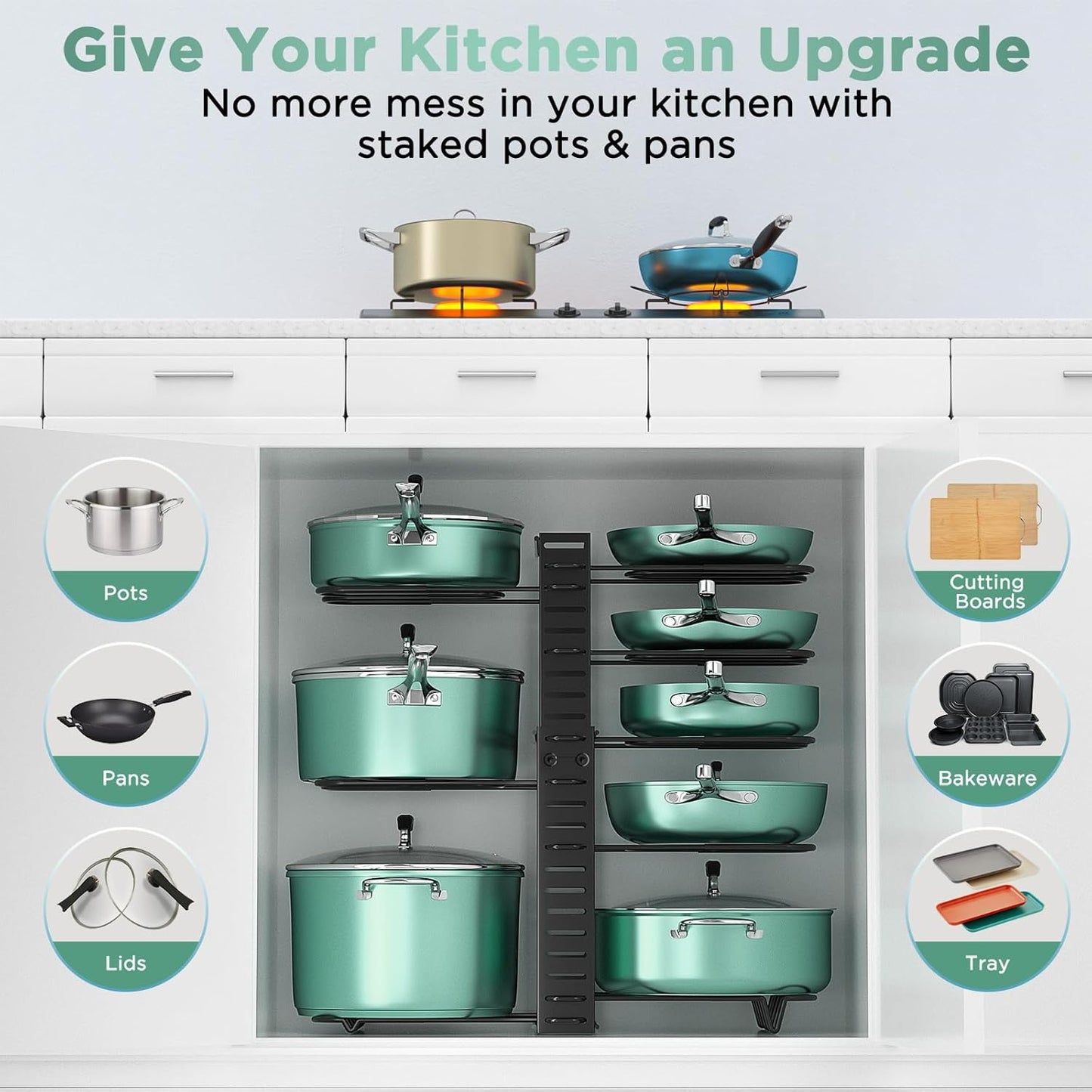 ORDORA Pots and Pans Organizer for Cabinet 16.61 Height, 8 Tier Pot Organizers Rack with 3 DIY Methods, Adjustable Pan Organizer under Cabinet Kitchen Organization and Storage