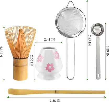 Matcha Whisk Set Matcha Making Kit Bamboo Chasen Ceramic Whisk Holder Stand Sifter Scoop Japanese Tea Tools (Solid Pink)