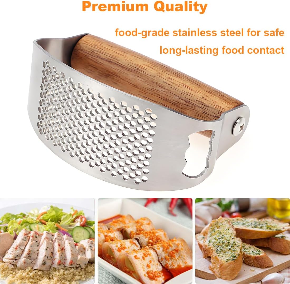 Garlic Press Rocker Stainless Steel Ginger Crusher Squeezer Kitchen Gadget with Ergonomic handle, Silicone Tube Garlic Peeler and Cleaning Brush Tool Set