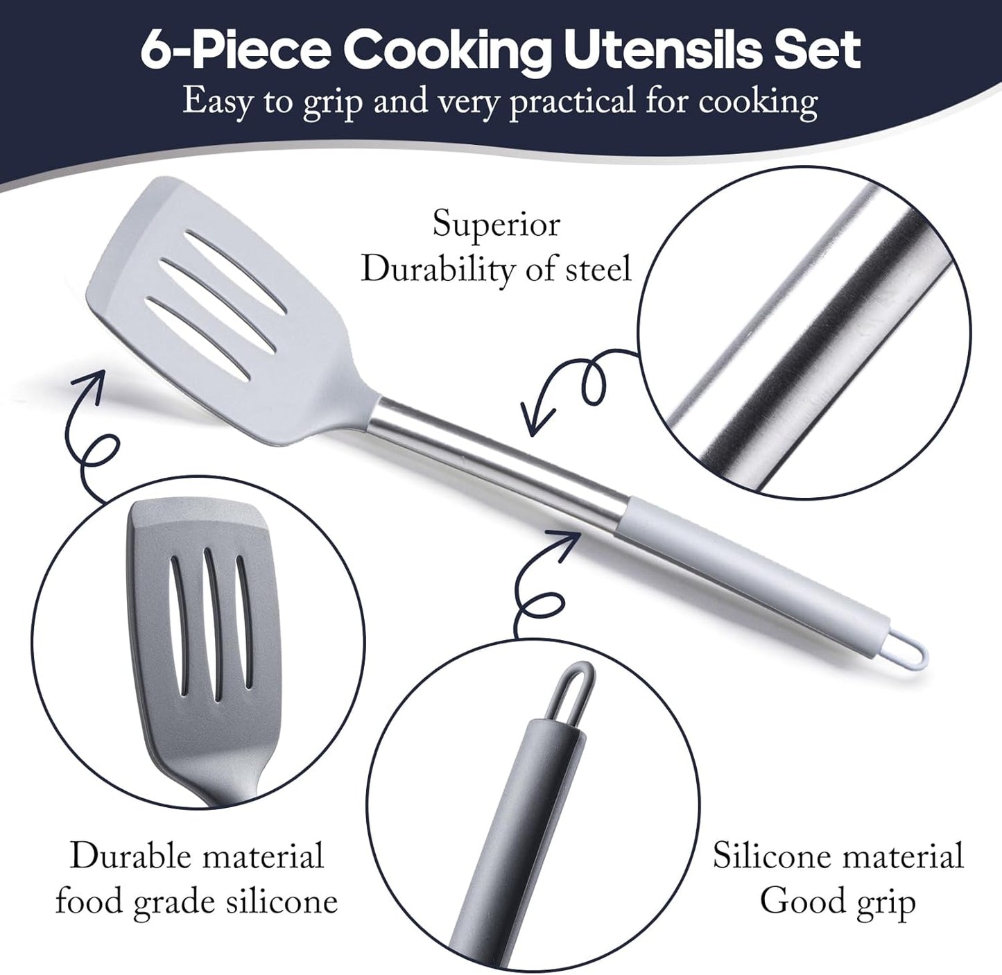 Silicone Kitchen Utensils Set 34 Pieces 450 °F Heat Resistant - Grey Cooking Utensils-Set for Nonstick Cookware - Silicone Spatulas Set, Stainless Steel Handle & Other Kitchen accessories