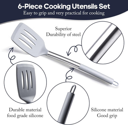 Silicone Kitchen Utensils Set 34 Pieces 450 °F Heat Resistant - Grey Cooking Utensils-Set for Nonstick Cookware - Silicone Spatulas Set, Stainless Steel Handle & Other Kitchen accessories