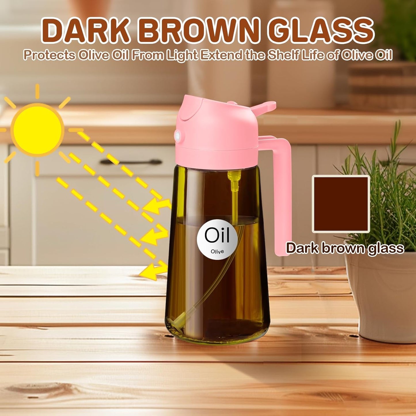 YARRAMATE 16oz/470ml Light Blocking Oil Sprayer for Cooking with Stickers, Food-Grade 2 in 1 Olive Oil Dispenser Bottle for Kitchen, Premium Dark Amber Glass Oil Bottle for Air Fryer, BBQ (Black)