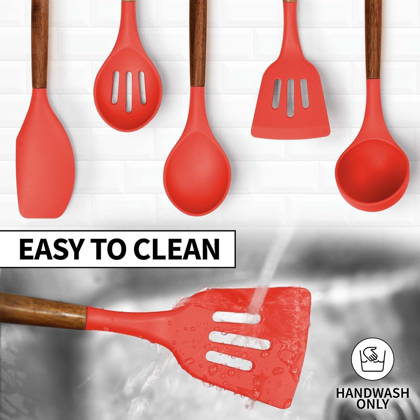 Zulay Kitchen Utensils Set Non-Stick Silicone Cooking Utensils Set with Authentic Acacia Wood Handles - 5 Piece Silicone Utensil Set - Kitchen Utensils Set with 464°F Heat Resistance - Gray