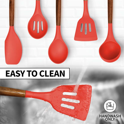 Zulay Kitchen Utensils Set Non-Stick Silicone Cooking Utensils Set with Authentic Acacia Wood Handles - 5 Piece Silicone Utensil Set - Kitchen Utensils Set with 464°F Heat Resistance - Gray