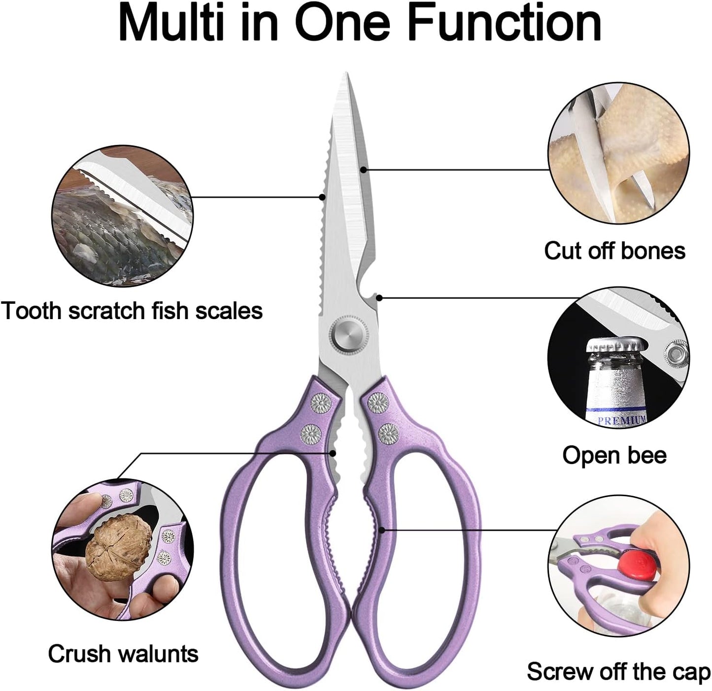 CGBE Kitchen Scissors, Multi-Purpose Kitchen Shears, Heavy Duty Dishwasher Safe Food Scissors for Chicken, Poultry, Fish, Meat & Herbs with Non-Slip Grips - Sliver