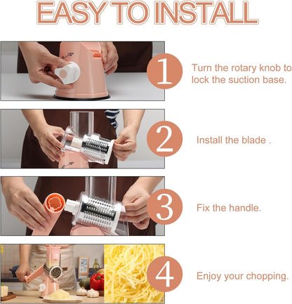 Ourokhome Rotary Cheese Grater Hand Crank, Kitchen Shredder Speed Mandolin Slicer Nut Grinder with Handle and Drum Blades for Cheese, Vegetable, Walnut, Chocolate, Potato, Carrot, 3 Blades, Dark Blue