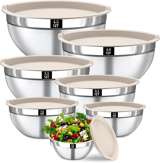 Mixing Bowls with Lids Set - 7PCS Nesting Mixing Bowls, Lids, Stainless Steel Mixing Bowls for Mixing, Baking & Meal Prep, Dishwasher Safe, Size 0.7/1.1/1.5/2.1/3.5/4/4.5 QT, Khaki