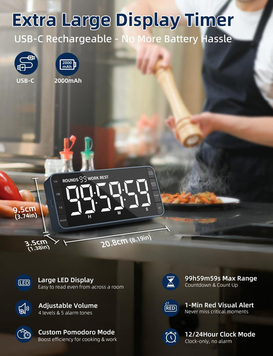 7.8" Digital Kitchen Timer with Large LED Display, Magnetic Rechargeable Countdown Timer, 5 Alarms & 4 Volume Levels, 99H Count Up/Down Timer for Cooking, Classroom & Study
