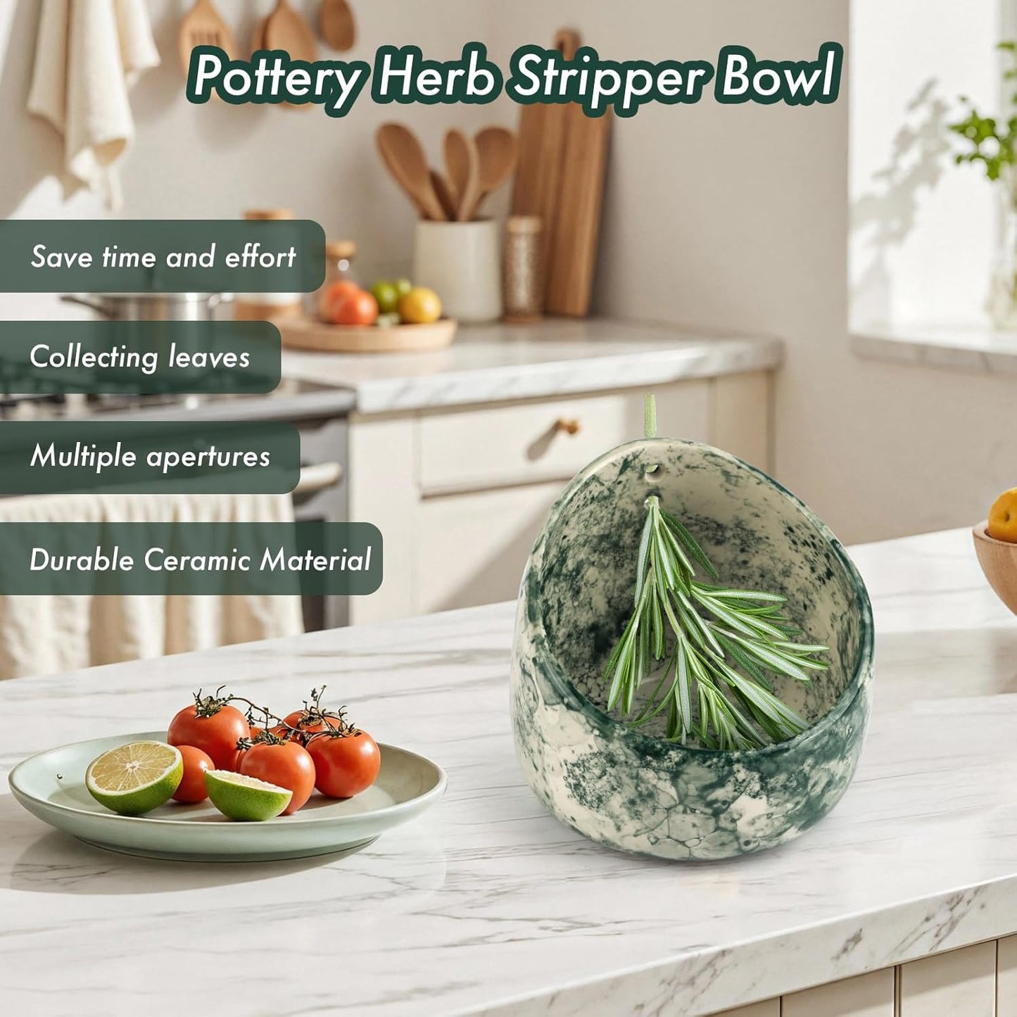 Ceramic Herb Stripper Bowl with Multi-Size Holes, Pottery Leaf Stripper Tool for Rosemary, Thyme and Kale, Green Decorative Kitchen Gadget, 5.2 Inch