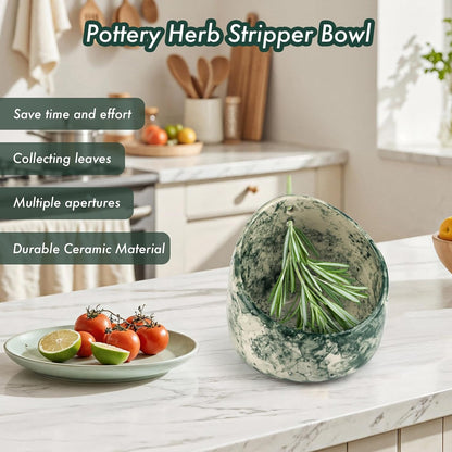 Ceramic Herb Stripper Bowl with Multi-Size Holes, Pottery Leaf Stripper Tool for Rosemary, Thyme and Kale, Green Decorative Kitchen Gadget, 5.2 Inch