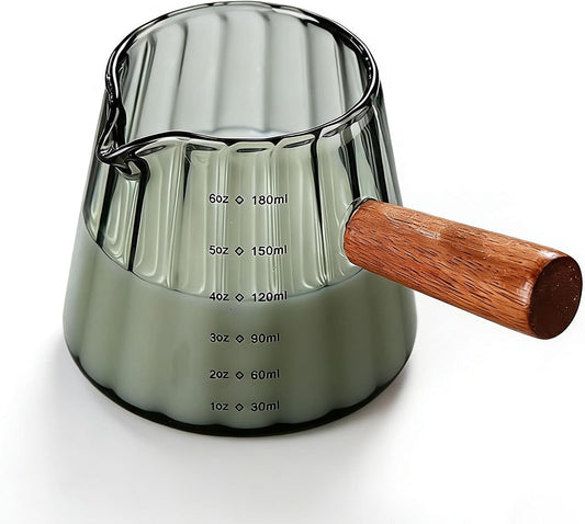 Wooden Handle Coffee Cup with Scale, Espresso Accessories Double Scale Glass Measuring Cup Milk Frother Glass Cup V-Shaped Espresso Cup